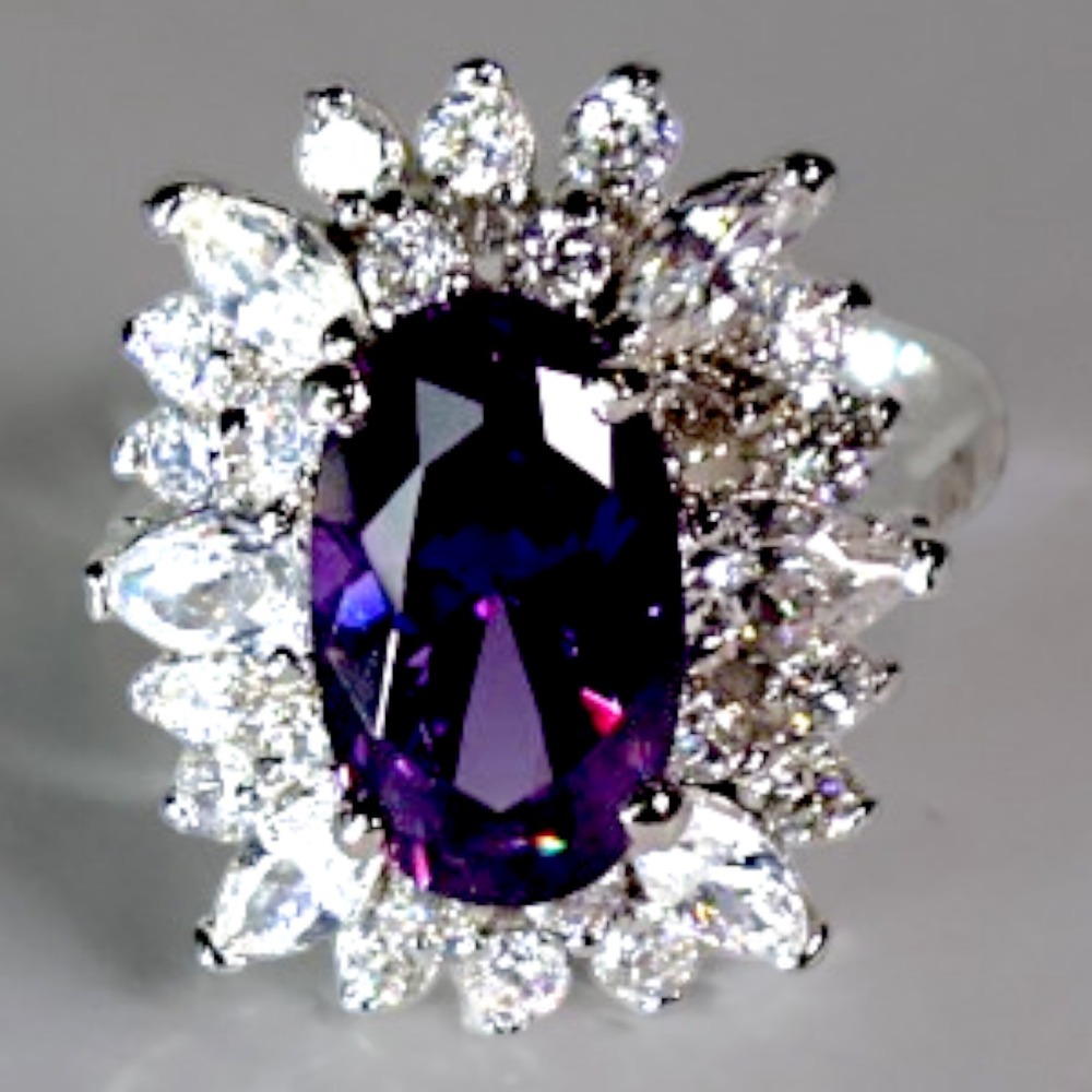 Swarovski Crystal Purple Oval Halo Cocktail Ring Sterling Silver Overlay Size 10